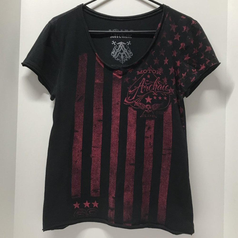 Archaic Black and Distressed Red Motor Club 69 V-Neck Tee